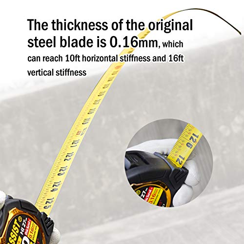 26FT Measuring Tape by ASSIST-Easy Read Double Side Printing with Metric and Inches，Automatic Lock,Heavy Duty Shock Absorbent Rubber Case-for Construction and Surveyor 4.9 m