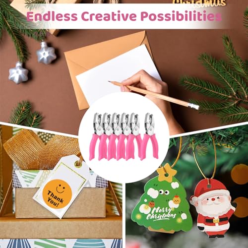 6 Pcs Handheld Craft Hole Punchers, Metal Paper Punchers, 1/4" Single-Hole Tag Punchers, Includes Rectangle, Star, Moon, Circle, Flower, Heart Shapes, Ideal for Binder & Scrapbooking