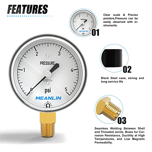 MEANLIN MEASURE 0-5psi Diaphragm Type Capsule Low Pressure Gauge 1/4" NPT 2-1/4" FACE DIAL Adjustable Water Column Gauge, with 1/4" x 1/2" NPT and 1/4" x 3/8" NPT Hex Bushing, Lower Mount 0~5Psi