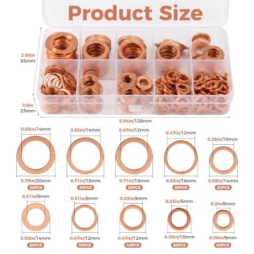 350 Pcs Copper Metric Sealing Crush Washers Assortment Kit