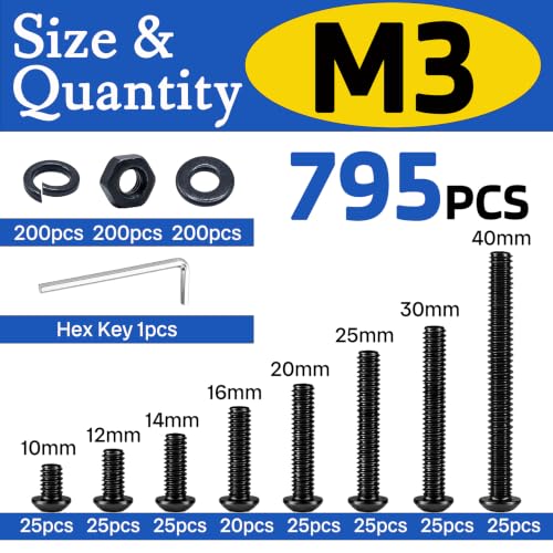 795PCS M3 Screws Assortment Kit M3x10/12/14/16/20/25/30/40mm Hex Button Head Socket Cap Screws Bolts Nuts Washers Kit 10.9 Alloy Steel Black Zinc Plated for 3D Printer&DIY M3-795-Button