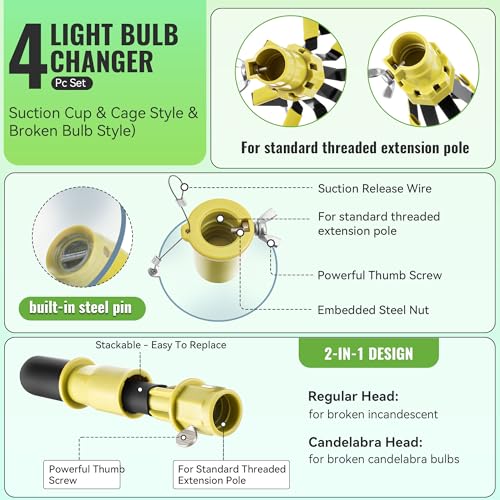 Dreyoo 4 Pcs Light Bulb Changer Set, Suction Cup & Cage Changer, Yellow