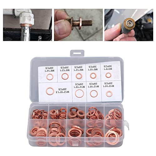Copper Oil Drain Plug Washer Kit, 200Pcs 9 Sizes M5-14