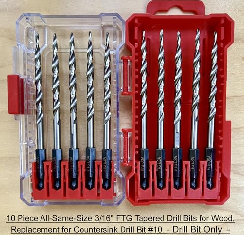 FTG USA 10 Pc 3/16" (#10) Tapered Drill Bits Replacement for Countersink 10-Pc #10 Standard Hex Shank