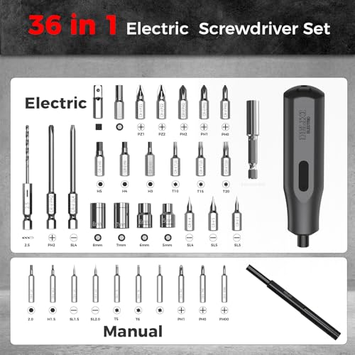 DELIXI 36 in 1 Electric Screwdriver Kit with Manual Screwdriver, 4V Rechargeable Screwdriver Set with Socket, Extension Rod, 2N.m Torque and LED Light, Suitable for Furniture and DIY