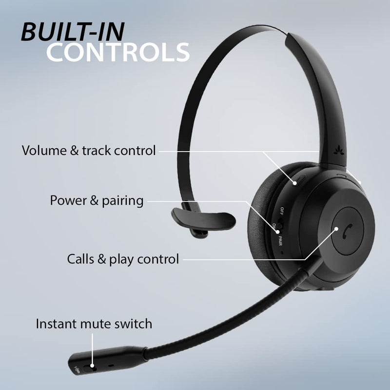 Avantree Alto Solo - Wireless Work Headset with Charging Stand | Qualcomm Bluetooth headset with CVC noise-canceling mic, mute control.