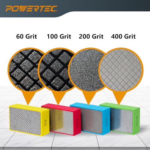 POWERTEC Diamond Hand Polishing Pads Assorted 60/100/ 200/400 Grits 4 Pack, Diamond Sanding Block for Polishing and Grinding Porcelain, Ceramic Tile, Glass, Granite, Stone, Wood & Metal (71907)