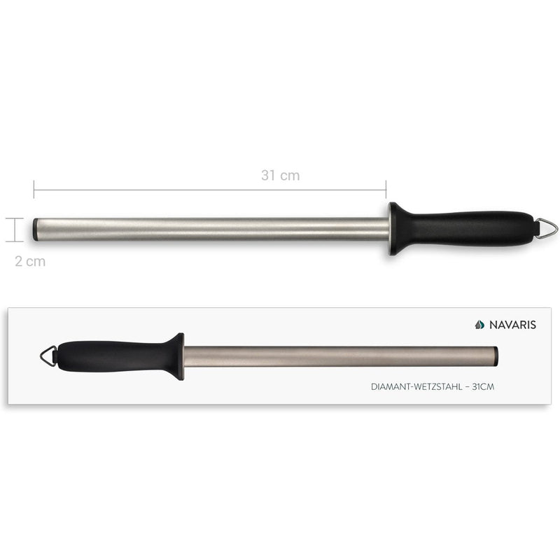Navaris Diamond Sharpening Steel - 12" (31cm) Oval Knife Rod Sharpener for Honing Kitchen Knives - Lightweight and Durable for Home or Pro Use 31cm Silver / Black