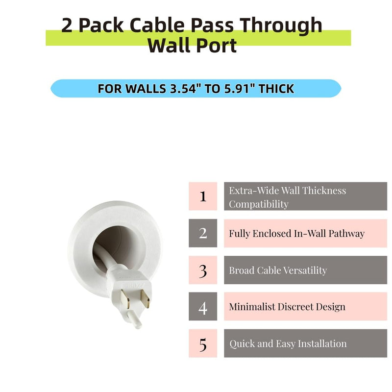 2 pack Cable Pass Through Wall Port 3.54" - 5.91" Wall Thickness (White) - Pass Cables from one Side of a Wall or Barrier to The Other 2