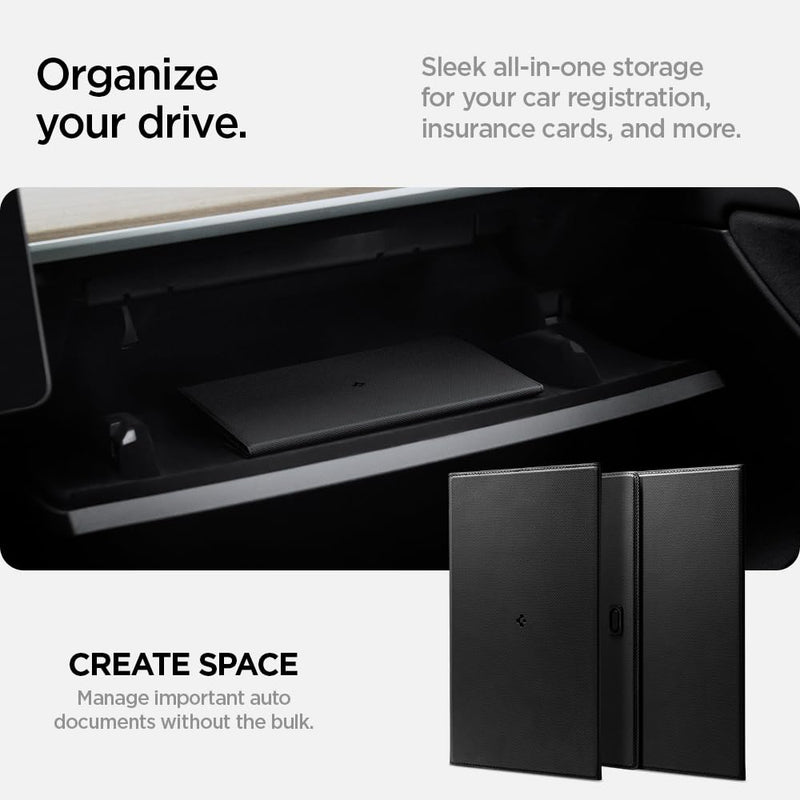 Spigen Car Registration and Insurance Card Holder for All Cars [Tesla Model Y Juniper (2025/26) & 3/Y/S/X/Cybertruck] Store Card Keys, ID License Holder, Essential Documents - Black