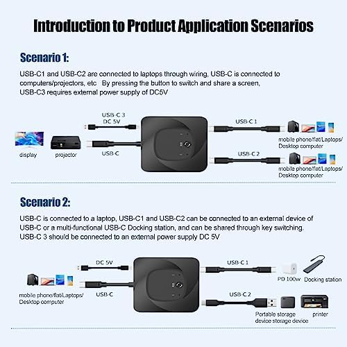 USB 3.0 Switch Selector, 2 in 1 Out USB C Switcher with Power Indicator, Bi Direction Switcher for 2 Computers Share 1 USB Devices