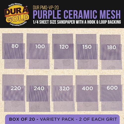 Dura-Gold 1/4 Sheet Size Purple Ceramic Mesh Sandpaper, Grits 80. 100, 120 Variety Pack