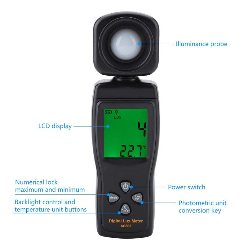 Digital LuxMeter Illuminometer Walfront SMART SENSOR AS803 Mini LCD Display 200000 LUX Handheld Luxmeter Light Meter -10~50℃