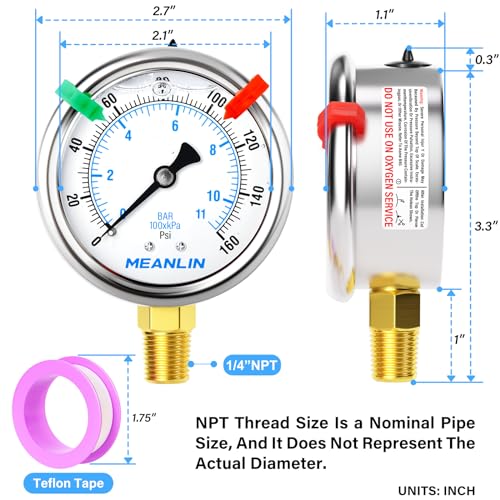 MEANLIN MEASURE 0~160Psi Liquid Filled Pressure Gauge 1/4" NPT 2.5" FACE DIAL Stainless Steel Glycerin Filled WOG Water Oil Air Lower Mount (with 2PCS Snaps) 0-160Psi Lower Mount (1/4NPT)