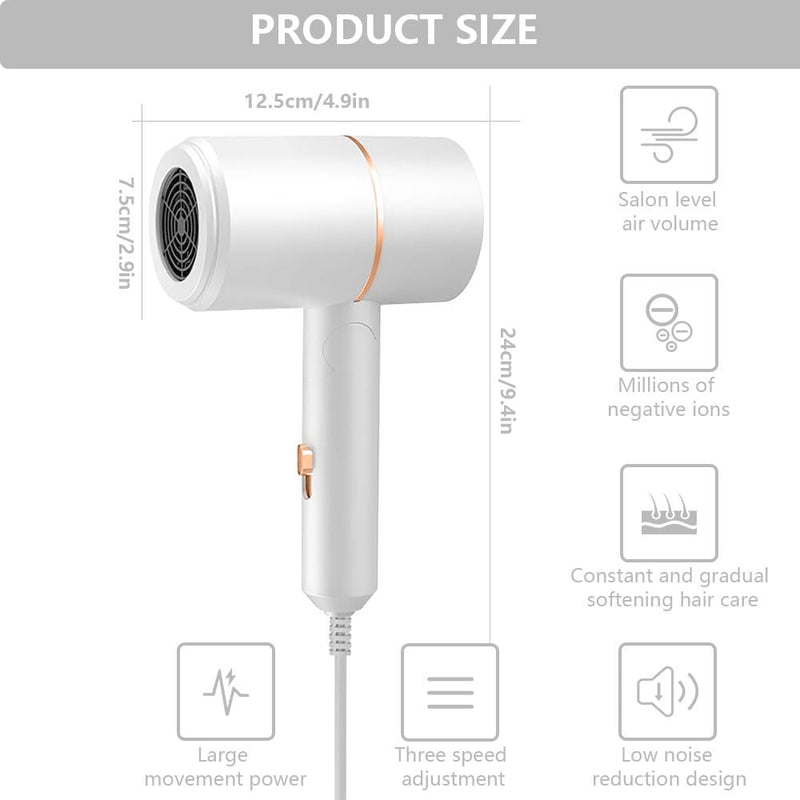 Hair Dryer Travel, Foldable Hair Dryer, Ionic Hairdryer Lightweight with 2 Heat and Cool Button, Silent Hairdryers for Women with 1 Concentrator, Small Hair Blow Dryer for Women White