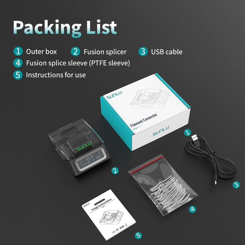 SUNLU Filament Connector, Filament Splicer with 200Pcs PTFE Sleeve for 3D Printer Filament 1.75mm, Fast Heating Up to 240°C, Compatible with PLA PETG TPU ABS PA Nylon Filament Connector - 200pcs Ptfe