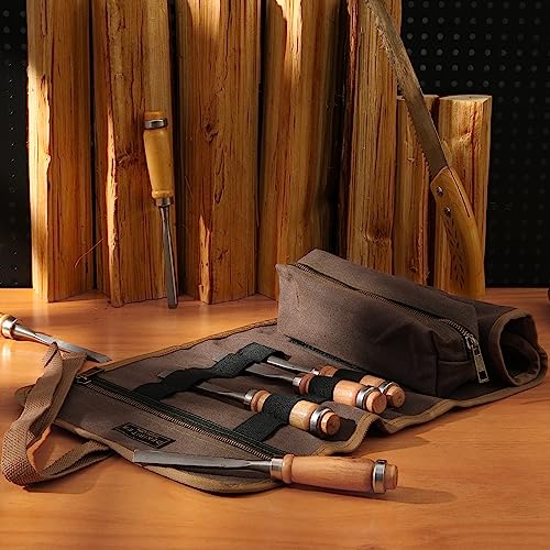 Tool Bag, Heavy Duty Waxed Canvas Wrench Tool Roll Up Pouch, Multi-Purpose Small Hand Tools Organizer Holder with 1 Small Detachable Tool pouch and 1 Zipper Pockets (Grey) Grey