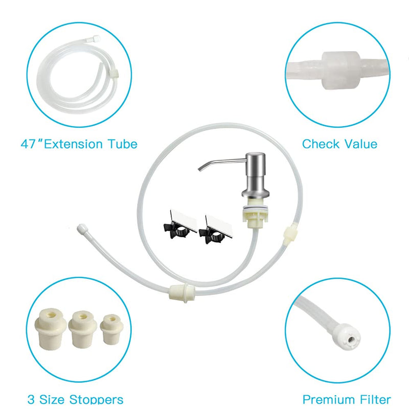 Dish Soap Dispenser for Kitchen Sink (Brushed Nickel), Countertop Sink Soap Dispenser Water Pump with 47” No-Spill Extension Tube Kit Design for Kitchen Bathroom, No More Refills （Sliver） Brushed Nickel