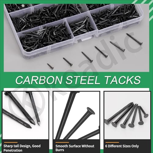 Keadic 1200Pcs Black High Strength Nails Kit, 10/13/16/19/22/25mm Black Shoes Nails Assortment Kit Metal Nails Tacks Anti-Slip Carbon Steel Nails Tacks Replacement for Boots Leather Repairs