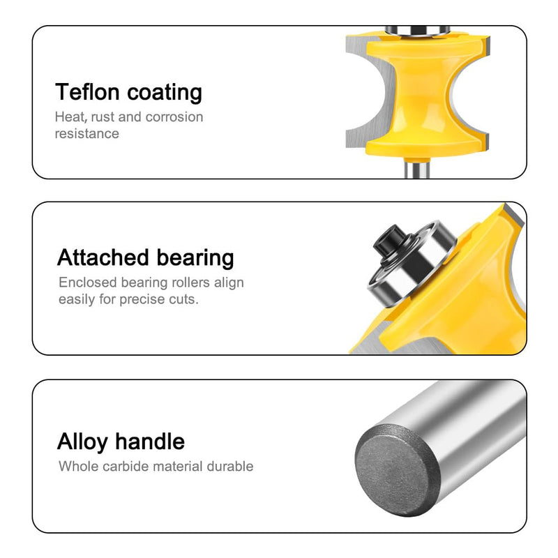 5PCS Bullnose Beading Router Bits with 1/4-Inch Shank Carbide-Tipped Corner Beading Bits Set Radius:1/4",3/8",1/2",5/8",3/4"