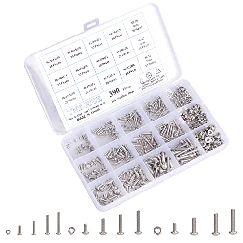 Machine Screw Assortment Kit #2-56/ #4-40/ #6-32 UNC Button Head Cap Screws Bolts Nuts 304 Stainless Steel Nuts and Bolts Assortment Kit, Full Thread, Allen Hex Drive, 390 Piece