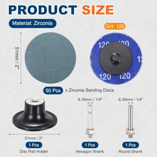 50 Pcs Zirconia Die Grinder Sanding Disc 2", 120 Grit 120 Grit with 1/4" Round/Hex Shank 50