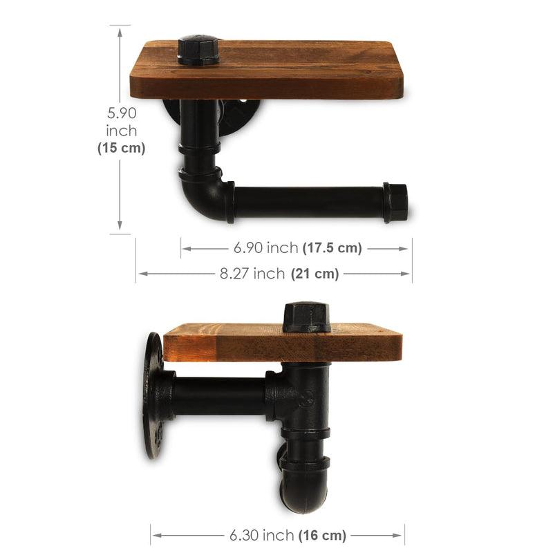 Industrial Pipe Wall Mounted Toilet Paper Holder with Shelf - Rustic Wood and Metal Bathroom Tissue Roll Holder, Farmhouse Decor for Bathroom-Brown Brown Black Iron Pipe
