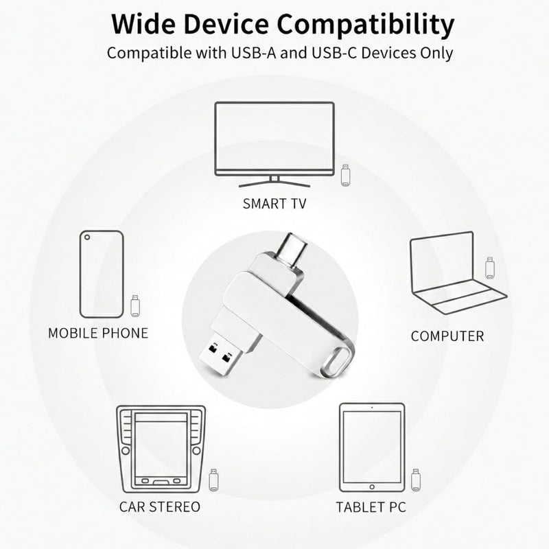 USB C Flash Drive 256GB, 2-in-1 Dual OTG Thumb Drive Memory Stick 256G, Silver Swivel Metal Jump Drive 256 GB Compatible with Type-C Smartphones, Tablets, Laptops