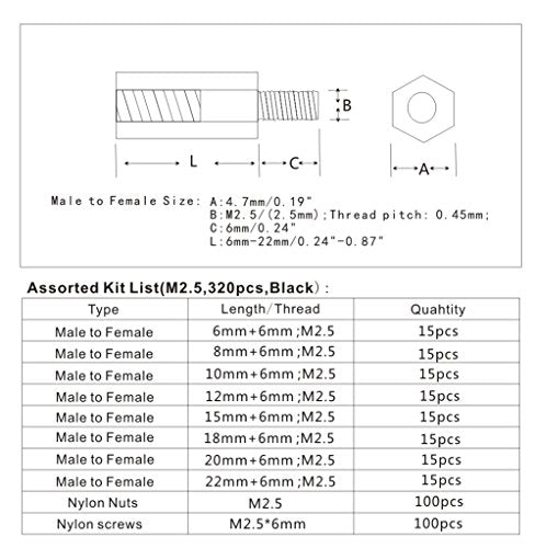 320pcs M2.5 Nylon Hex Spacer Standoffs Screws Nuts Assortment Kit; Male-Female(Black) (Pack of 2) M2.5 (Pack of 2)
