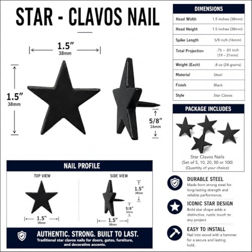 1.5”- STAR Clavos Nails | Hand Forged Iron Black Decorative Hardware Doors Gates Beams Furniture Rustic Old World Farmhouse Accent (5) 5
