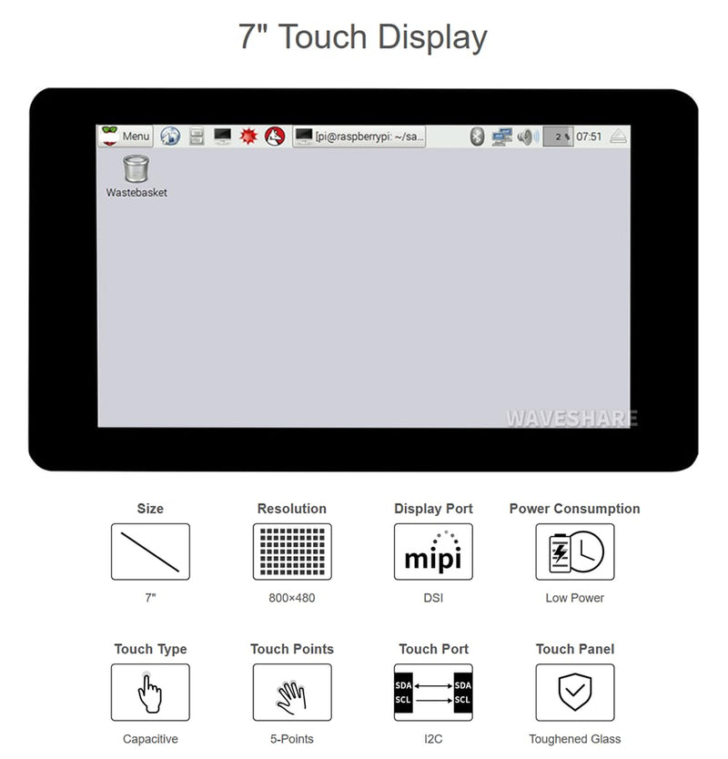7inch for Raspberry Pi DSI LCD Capacitive Touch Display Screen 800×480 7inch DSI Interface for Raspberry Pi 5 4 3 2 Model B B+ A+ Raspbian Retropie Ubuntu Driver Free and CM4/3+/ 3 @XYGStudy