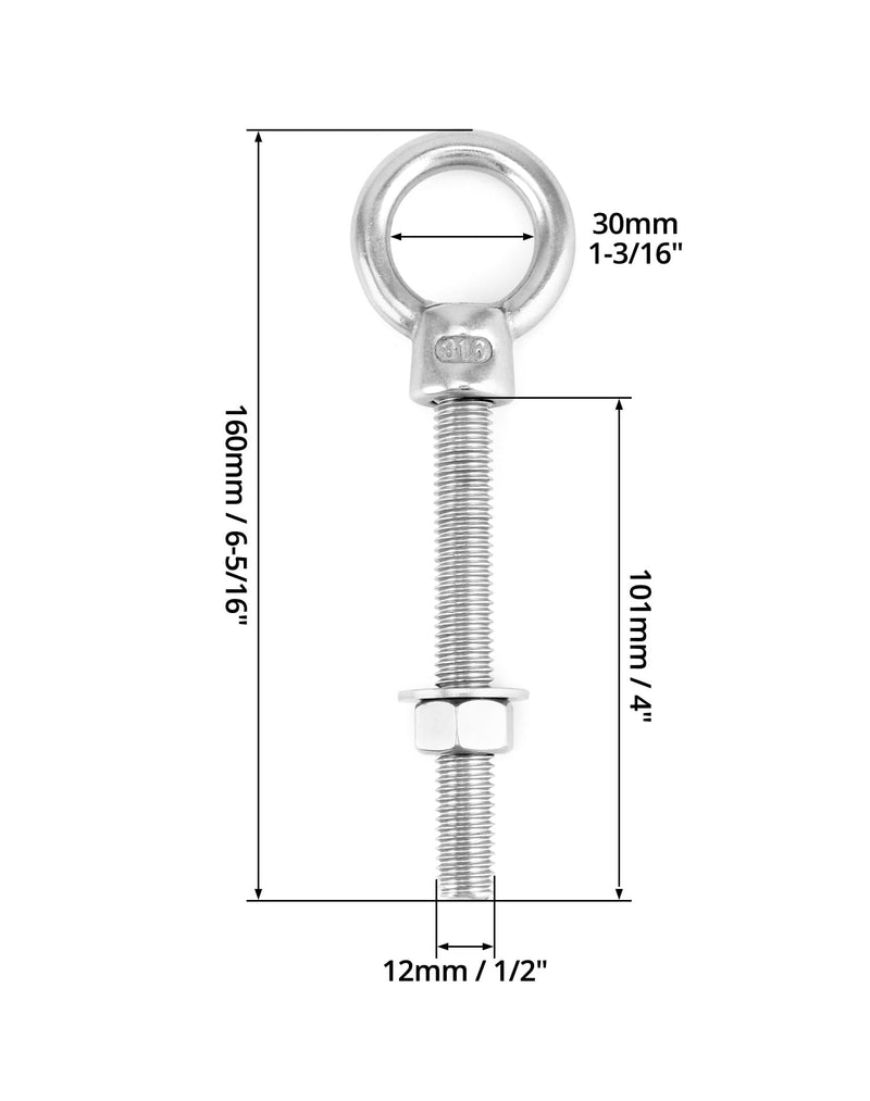 QWORK 316 Stainless Steel Machinery Eye Bolt with Shoulder, 5 Pack 1/2"x4" Long Stainless Steel Marine Grade Shoulder Eye Bolt, Threaded Eyebolts