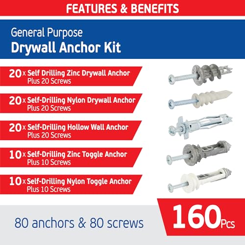  [AUSTRALIA] - Versitile Drywall Anchor Kit, 5 Heavy Duty Self Drilling Anchoring Solutions - 160 pc Hollow Wall Anchor Kit (80 Anchors & 60 Screws) - Use in Drywall, Hollow Wall, Plasterboard, Tile