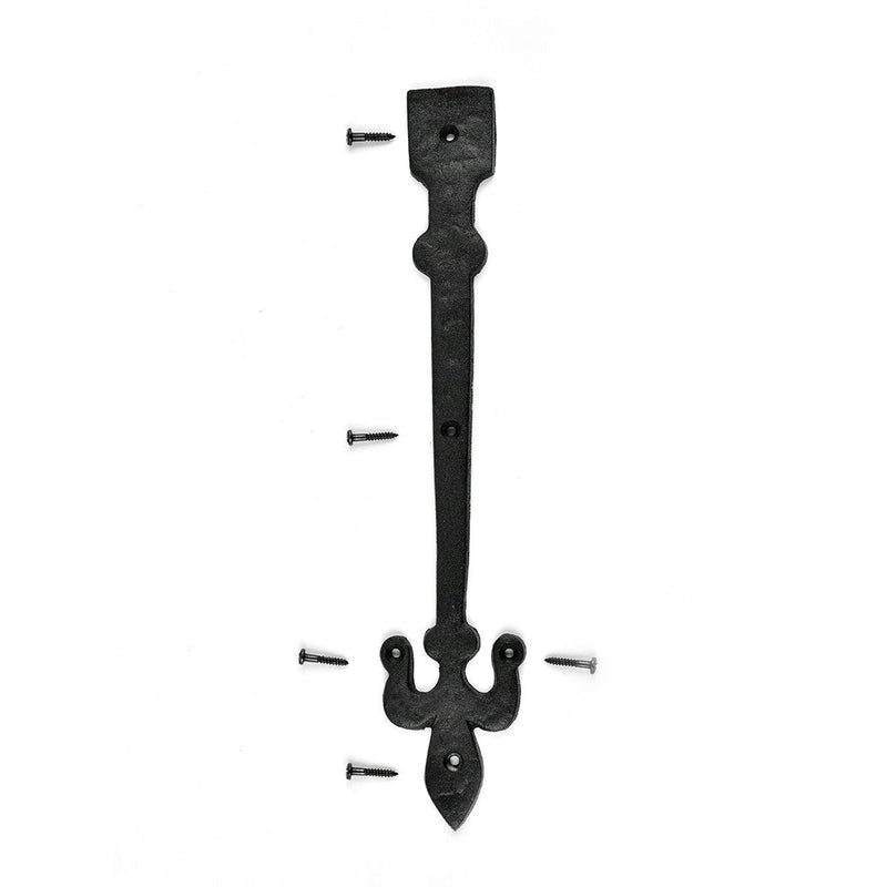 Renovators Supply Manufacturing Black Wrought Iron Fleur De Lis Garage Door Decorative Hardware 12 in Rust Resistant Dummy Strap Hinge with Mounting Hardware Pack of 1