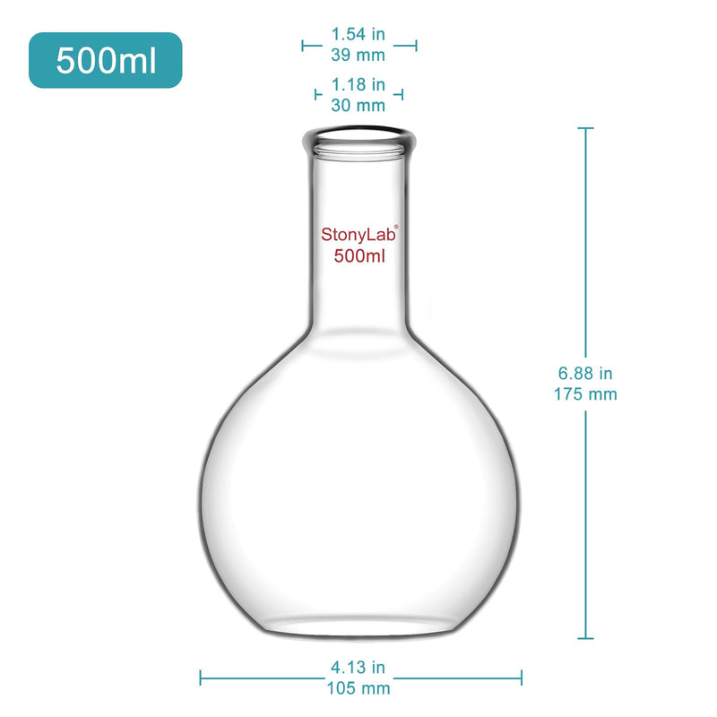StonyLab Glass 500ml Long Neck Flat Bottom Flask, Borosilicate Glass Heavy Wall Flat Bottom Boiling Flask with Long Neck, 500ml 500 ml