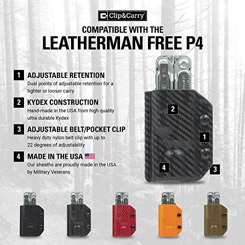 Clip & Carry Kydex Multitool Sheath for LEATHERMAN Free P4 - Made in USA (Multi-Tool not Included) EDC Multi Tool Holder Holster Cover Orange Carbon Fiber