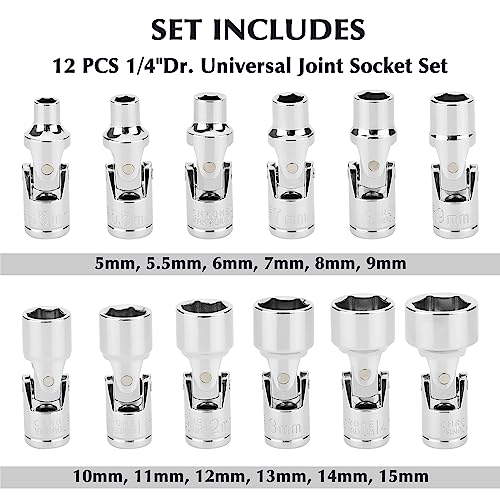 EMENTOL 12PCS 1/4" Drive Universal Joint Socket Set, 6 Point, Metric Universal Flex Socket Set, CR-V, Swivel Head, 5mm - 15mm