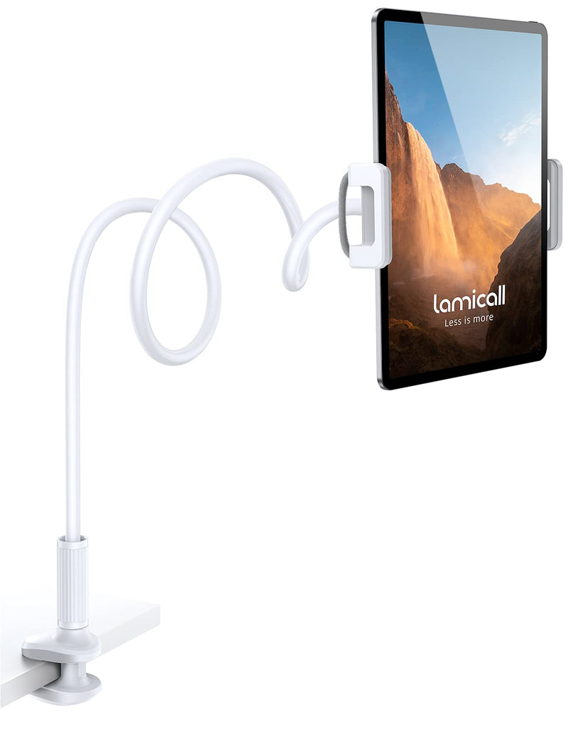 Lamicall Gooseneck Tablet Mount Holder for Bed Flexible Tablet Arm Clamp for Bed Compatible with Pad Pro 10.5, Air 9.7, Mini 7.9, Galaxy Tabs, Switch, More 4.7-11" Device - White