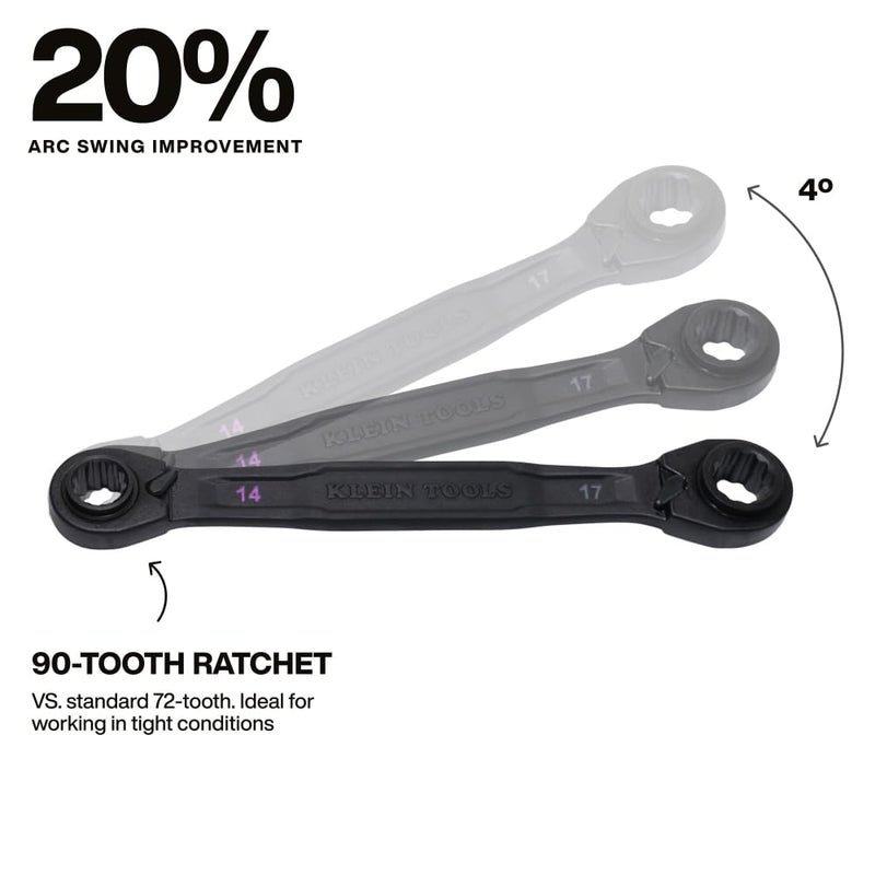 KLEIN TOOLS 68216M 4-in-1 Reversible Ratchet Wrenches Set, 2-Piece, Eight Metric Hex Sizes, 8mm x 10mm, 12mm x 13mm, 14mm x 15mm, and 17mm x 19mm Box Wrench Set, 90-Tooth Ratchet, Pass-Through Design 2-Piece Metric