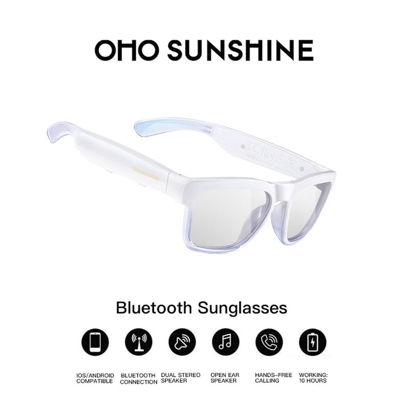 OhO Smart Glasses,Polarized Sunglasses with Bluetooth Speaker,Athletic/Outdoor UV Protection and Voice Control,Unisex(Transitional Lens) Shiny White Frame-transitional Grey Lens
