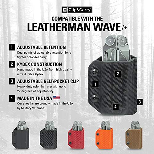 Clip & Carry Kydex Multitool Sheath for LEATHERMAN Wave & Wave + Plus - Made in USA - Multi Tool Sheath Holder Cover Belt Pocket Holster - Multi-Tool not Included Carbon Fiber Black