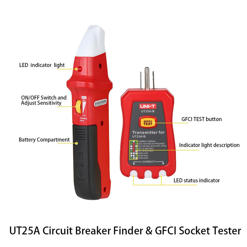 UNI-T UT25A Digital AC Circuit Breaker Finder and Tracker Kit with Electrical Integrated GFCI Outlet Socket Tester, Working on AC 90-120V, Adjustable Sensitivity Buzzer Indication, Flashing LEDs UT25A For AC 90-120V