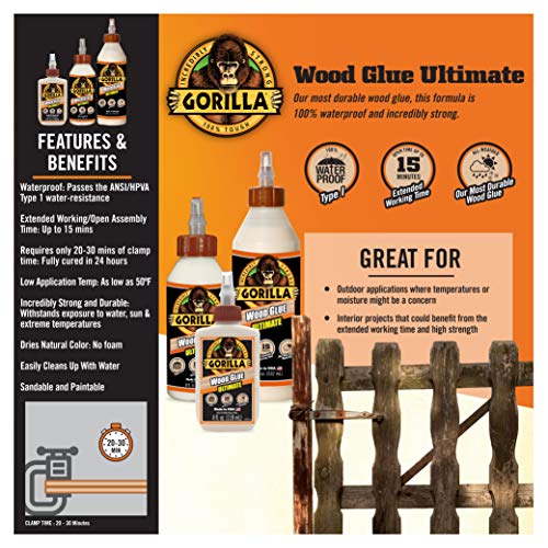 Gorilla Ultimate Waterproof Wood Glue, 8 Ounce, Natural Wood Color, (Pack of 2)