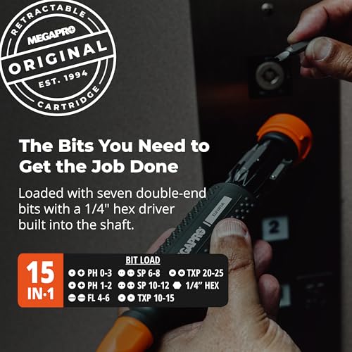 Megapro® Elevator Multi-Bit Screwdriver | Includes ¼” Hex Shaft |Phillips, Flat, Spanner, Torx Pin | Elevator Installation and Maintenance