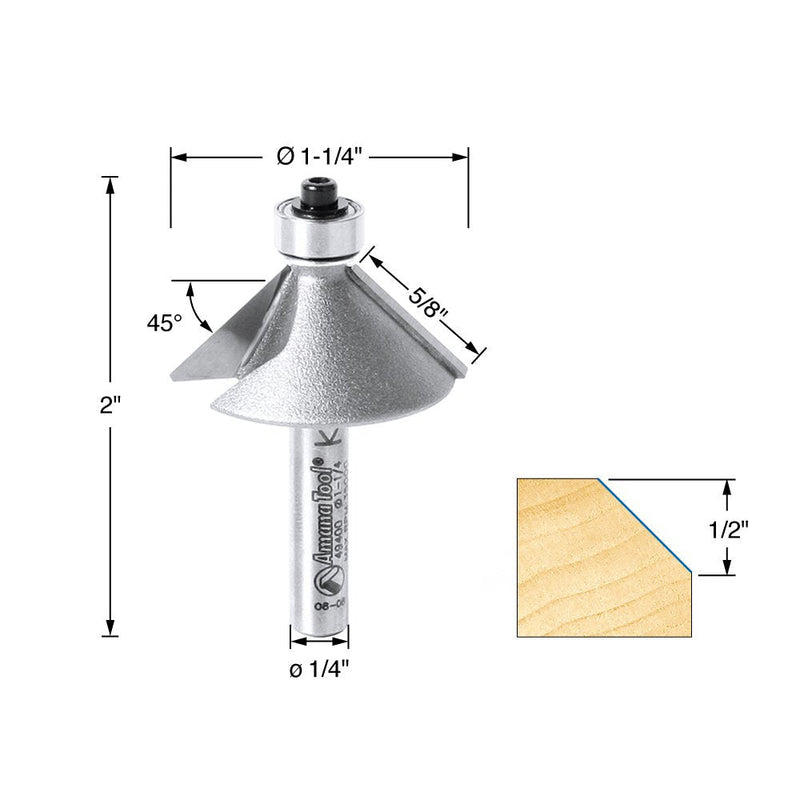 Amana Tool - 49400 Carbide Tipped Chamfer 45° x 1-1/4 Dia x 1/2 x 1/4" Shank