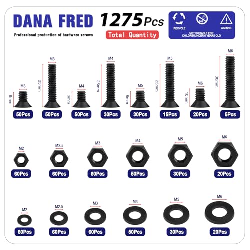 1275pcs Black Nylon Phillips Pan Head Bolt Nut Washer Kit,M2-M6 Black Plastic Flat Pan Head Machine Screws Nuts Washers for Micro Controller Board Building,Insulate or Fasten PCB Board