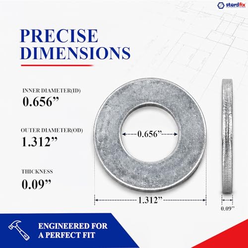 STURDFIX 5/8 Inch SAE Flat Washers, Zinc Plated Steel, Grade 2, Heavy Duty Metal Washers for Screws, Bolts, Nuts, Automotive, Decking, Fencing, Industrial, Construction Hardware – 25 Pack 5/8" SAE 0.656"
