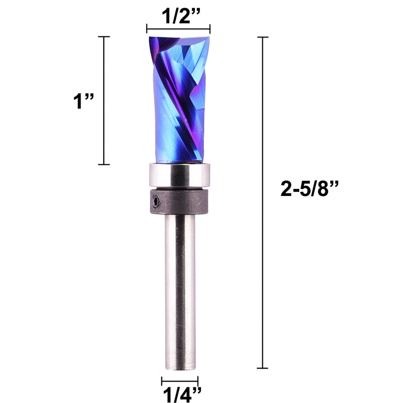 Template Top Bearing Compression Flush Trim Router Bit 1/4" Shank 1/2" Cutting Diameter 1" Cut Height Pattern and Mortising Flush Cut Trim Bit for Woodworking Trimming 1/2" Dia, 1" Height, 1/4 Shank