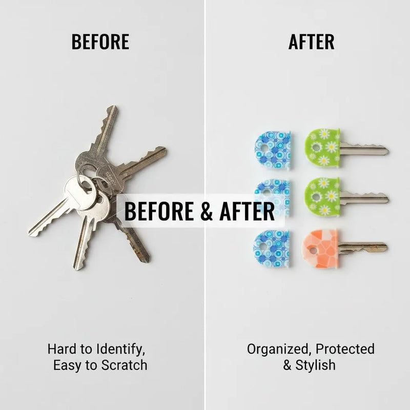 6Pcs Unique Key Covers Caps Silicone Decorative Head Protector Set | Patterned flexible silicone key caps slip over flat keys to prevent scratches for students carrying keychains. 6pcs Printed Pattern