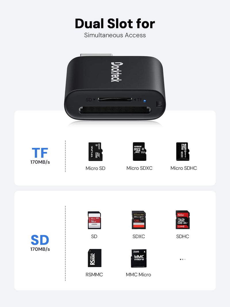 SD Card Reader, Dockteck USB 3.0 Card Reader to Micro SD Card Adapter, 5G SD Memory Card Reader, USB A - C Adapter, Dual-Slot Card Reader for UHS-I SD/Micro SD/SDHC/SDXC/MMC, Suppot OTG for Plug& Play USB3.0 AM&CM TO TF/SD; USB3.0 CM&AF